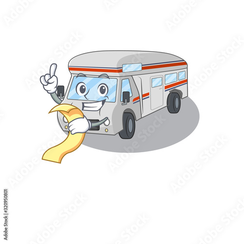 A funny cartoon character of campervan holding a menu