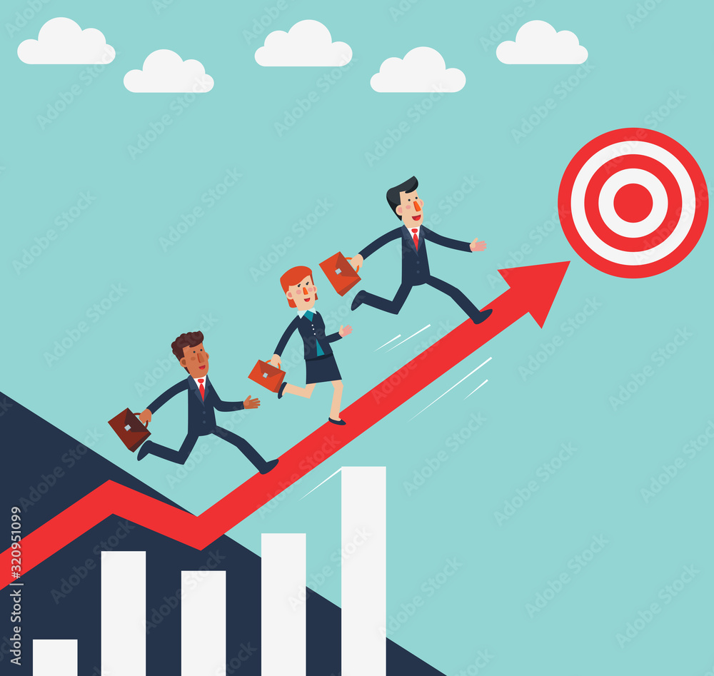 Naklejka Business people running up on the growing graph arrow. Business success vector concept