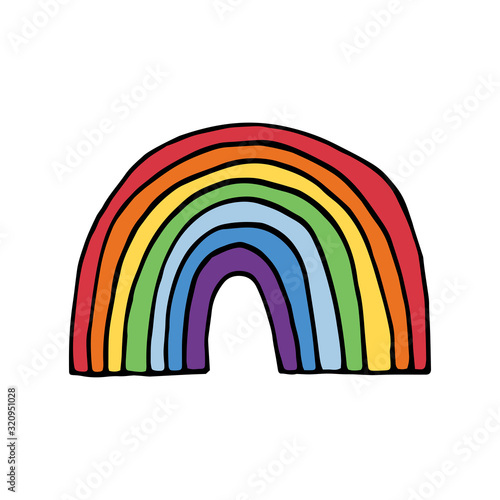 Hand drawn colorful rainbow isolated on a white background. Doodle, simple outline illustration. It can be used for decoration of textile, paper and other surfaces.