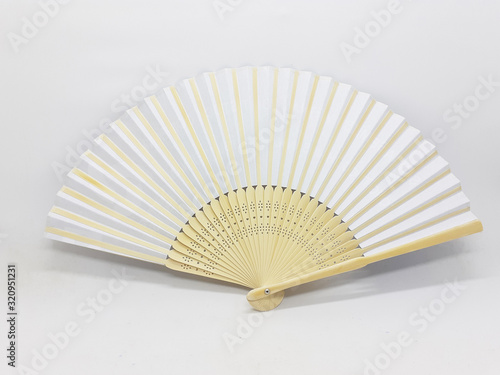 Wooden Bamboo Silk Folding Fan Chinese Japanese Vintage Retro Style Handmade Silk Hand Fan for Home Decoration Party Wedding or Dancing Gift in White Isolated Background