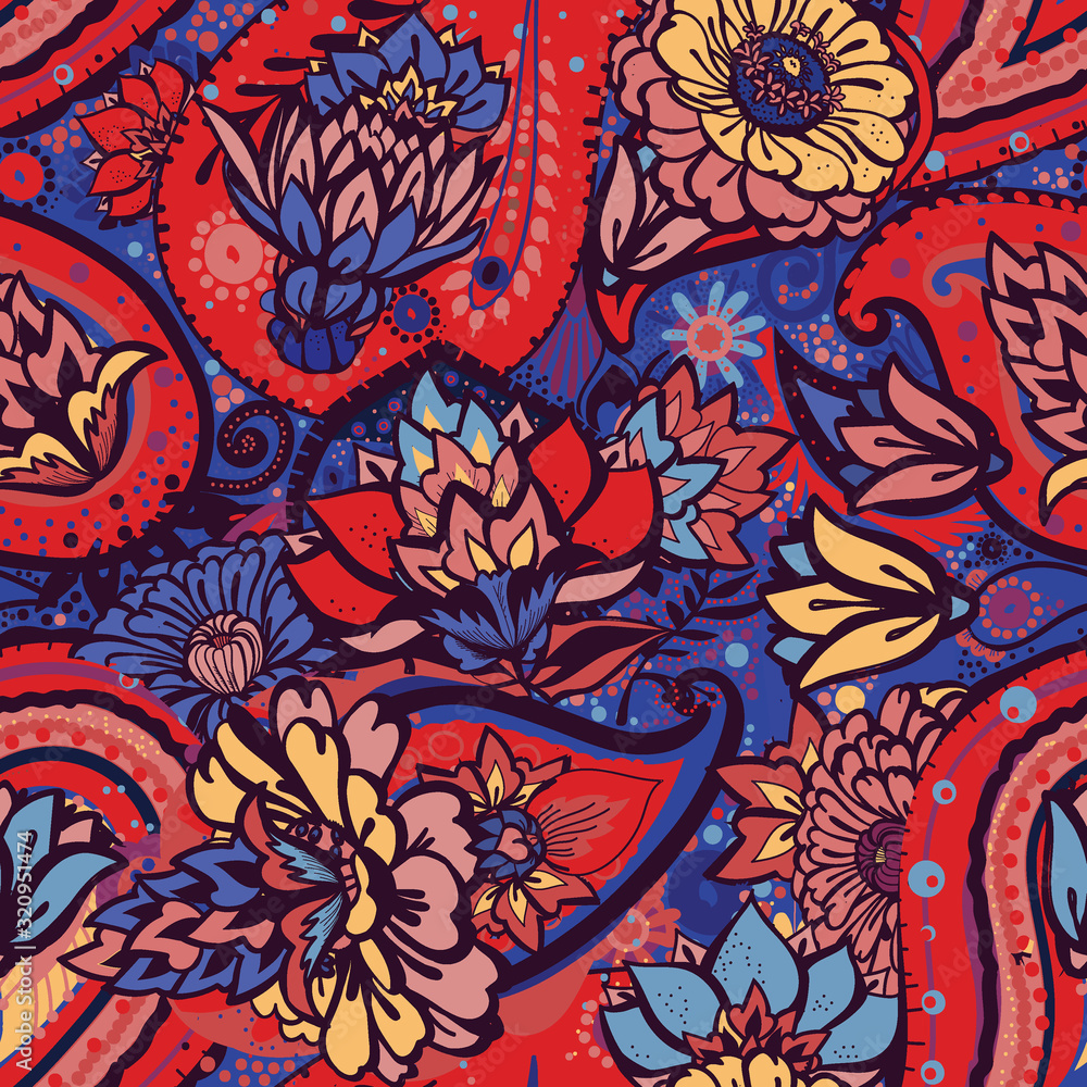 Seamless floral pattern in vintage oriental paisley style.