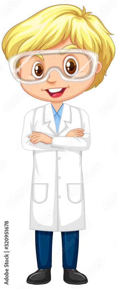 Boy in lab gown standing on white background Boy in lab gown standing on white background