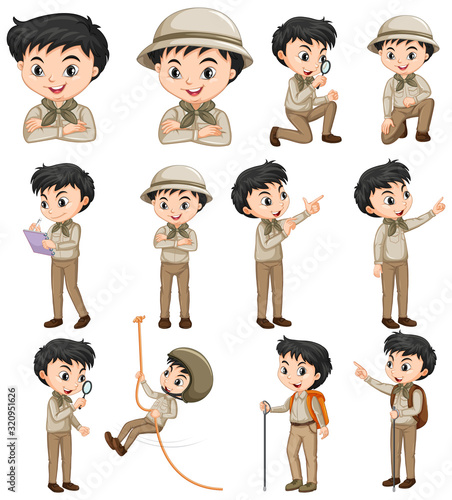 Boy in safari outfit doing different activities