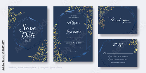 Set of wedding Invitation card, save the date, thank you, rsvp template. Vector. Golden silver dollar, eucalyptus leaves and flower.