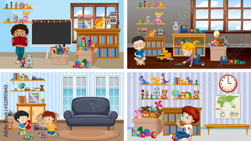 Four scenes with children playing in different rooms