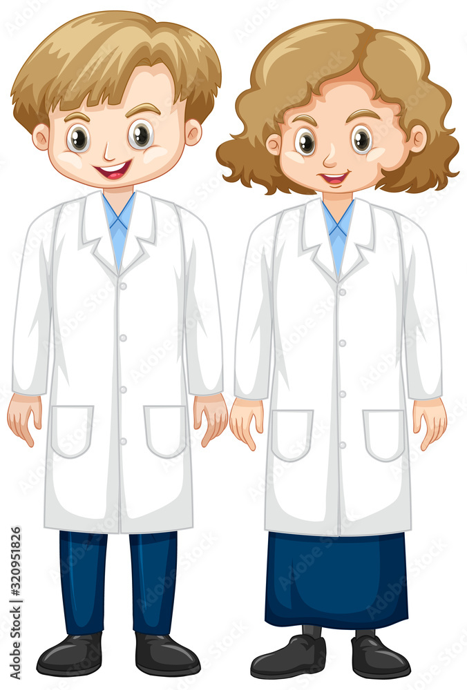 Boy and girl in science gown standing on white background Boy and girl in science gown standing on white background