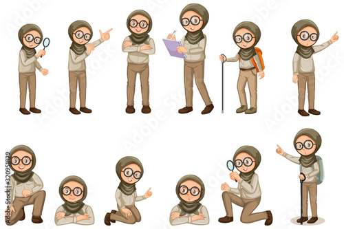 Muslim girl in scout uniform doing different poses on white background