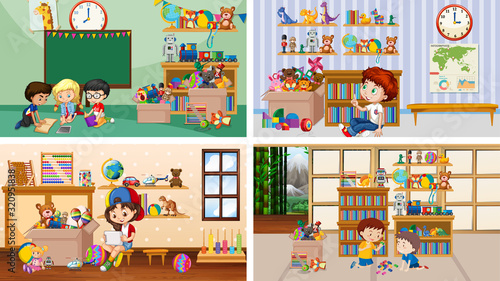 Four scenes with children playing in different rooms