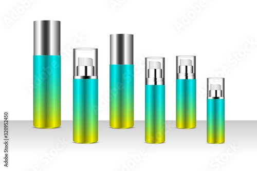 Vector Airless Bottle Cosmetic Packaging Container For Ecocert Cream Serum Sun Screen Gradient sea green to yellow. Vector illustrator EPS 10