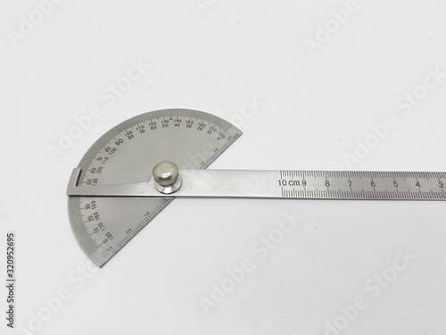 Adjustable Metallic Stainless Steel Protractors for Engineer and Builder Architecture Working Tools in White Isolated Background