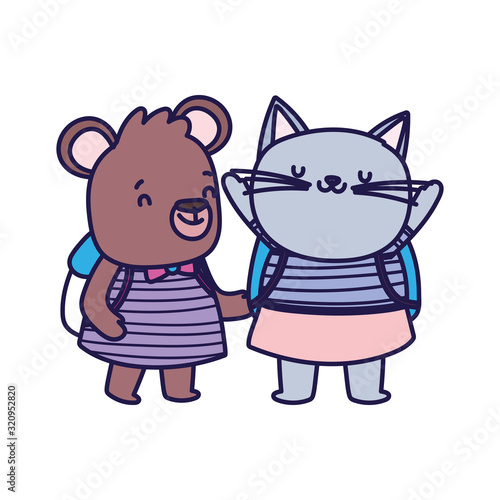 back to school education cat and bear with backpacks