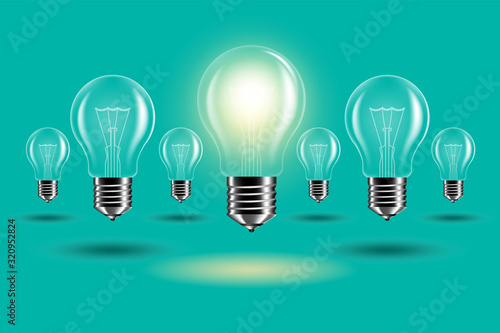 Realistic transparent light bulb for green sea background. Vector EPS 10