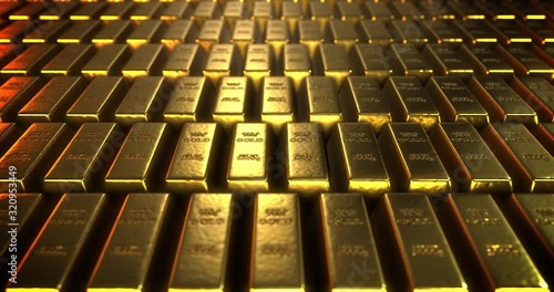 Close-up shot of stacks of gold bars 1000 grams, 3d rendering dolly shot from left to right, motion looping concepts of success in business and finance.