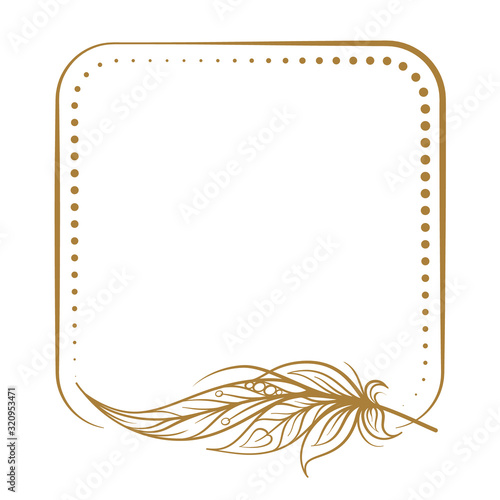 Vector square dotted frame frame with boho style feather decoration