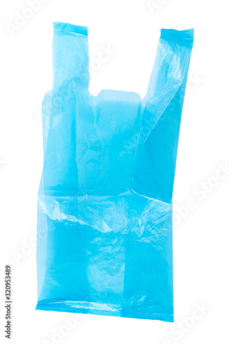 Blue plastic bag isolated on white background, plastic pollution and environmental problem, global warming and zero waste concept.