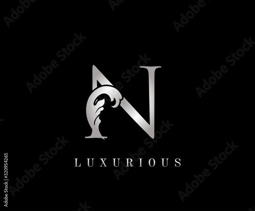 Silver N Luxury Logo Icon, Swirl N Letter Logo Design.