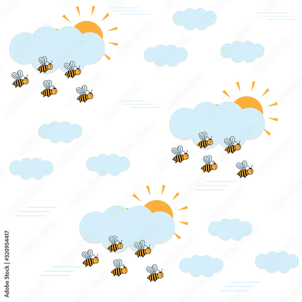 Obraz Children's seamless pattern texture with bees in the sky among the clouds with a white background, vector illustration
