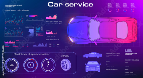 Futuristic car service, scanning and auto data analysis, diagnostic auto. Concept for driver assistance systems. App in the style of HUD condition of car