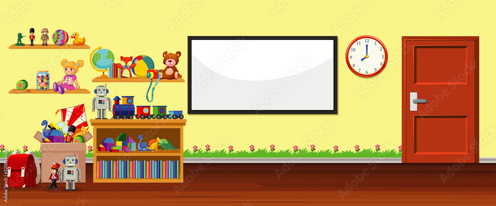Background scene with whiteboard and toys Background scene with whiteboard and toys