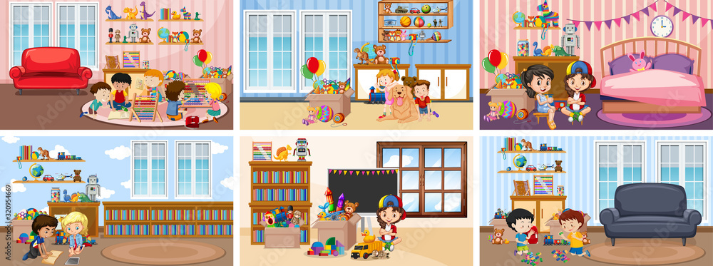 Six scenes with children doing activities in different rooms Six scenes with children doing activities in different rooms