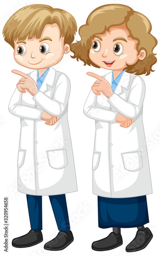 Boy and girl in science gown standing on white background