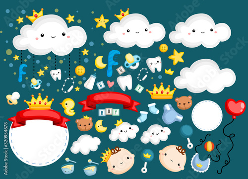 a vector of baby boy and many items related to him