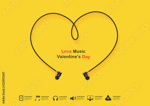 Vector creative earphone valentines heart line sign design, Love music valentines day idea concept, Headphones on yellow background