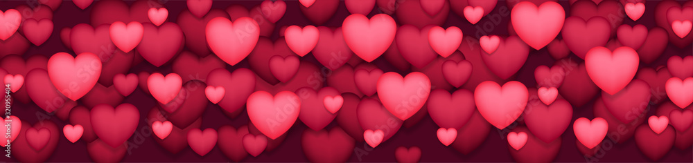 Red and pink 3d hearts abstract banner design. Valentines Day greeting card vector background