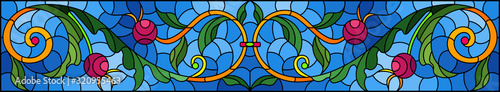 Illustration in stained glass style with abstract  swirls,flowers and leaves  on a blue background,horizontal orientation
