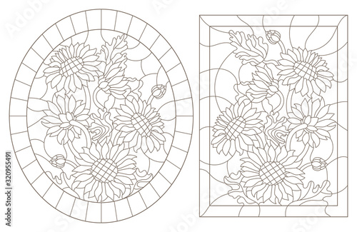 A set of contour illustrations of stained glass Windows with sunflowers in frames, dark contours on a white background, oval and rectangular image