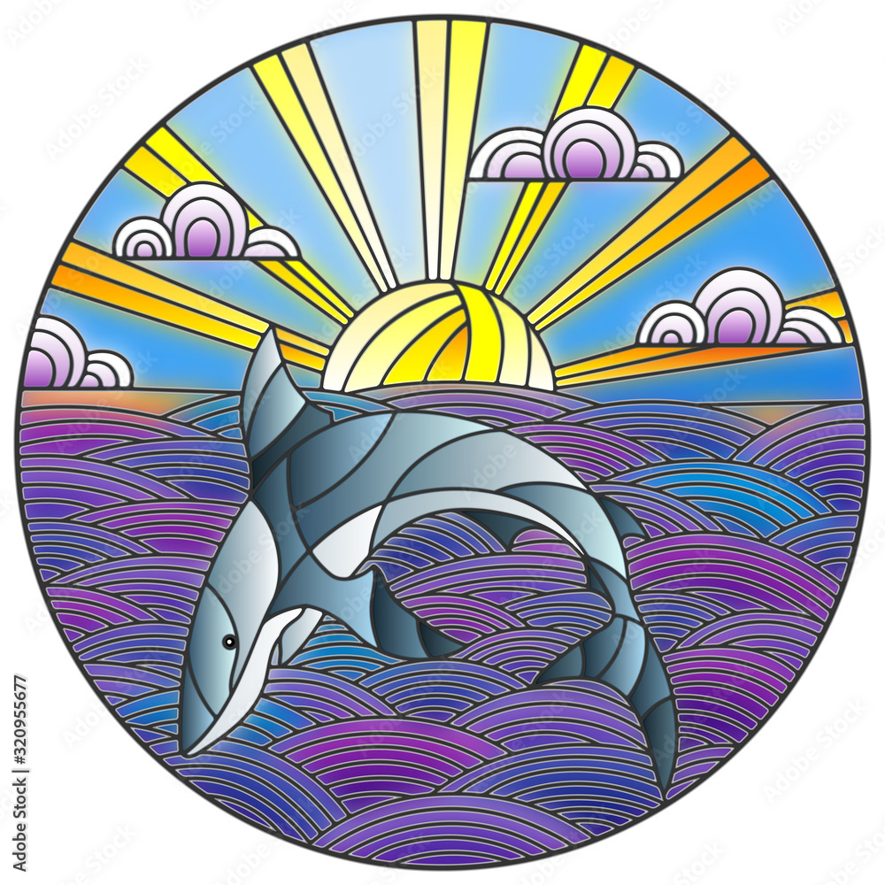 Fototapeta premium Illustration in stained glass style shark into the waves, Sunny sky and clouds, round image