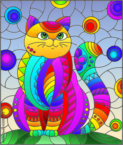 Illustration in stained glass style with abstract cute rainbow cat on a blue background
