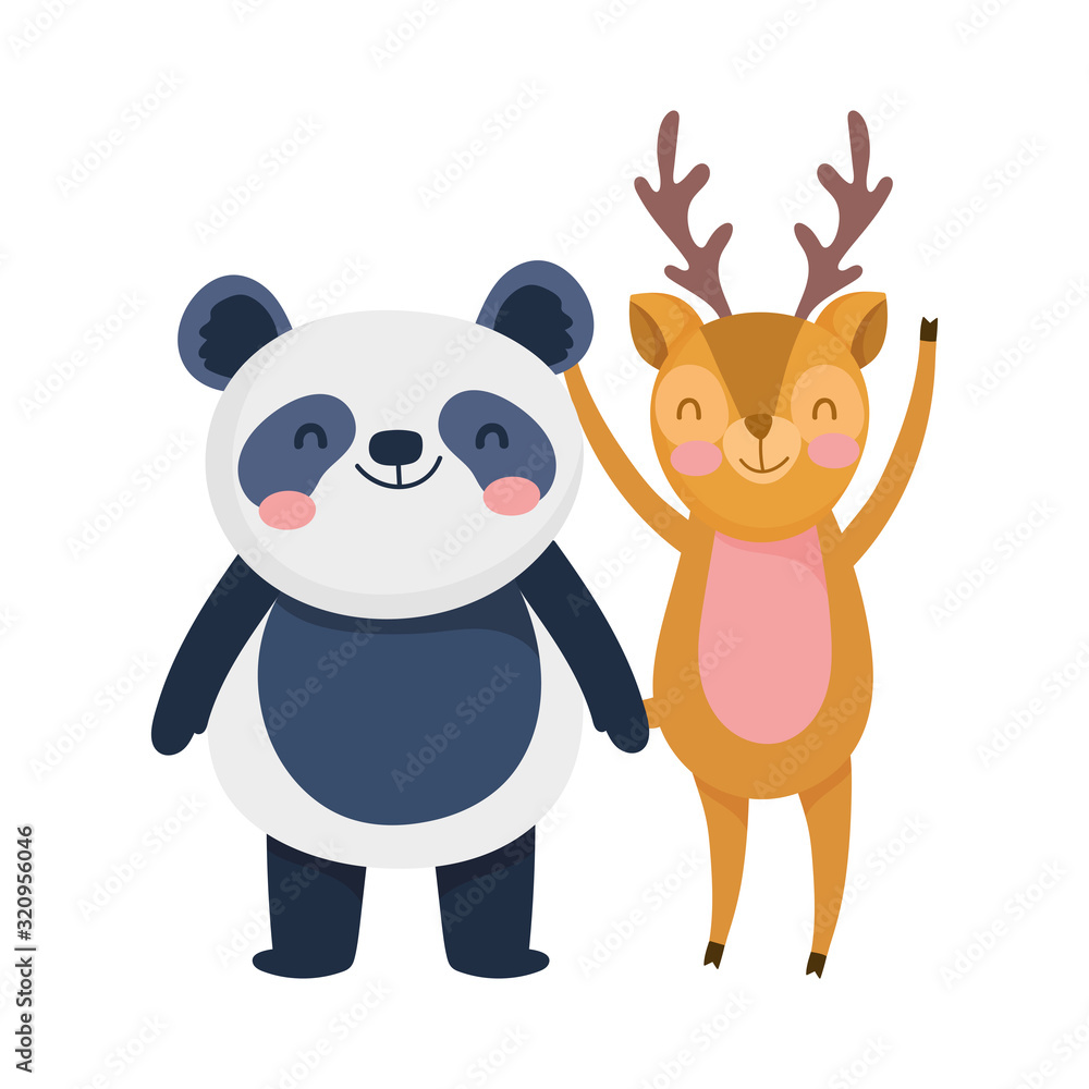 little panda and deer cartoon character on white background