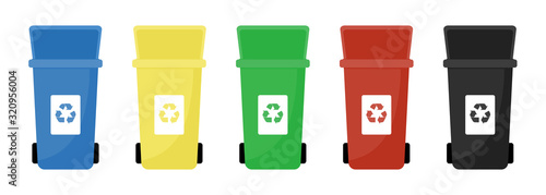 Garbage cans vector flat illustrations. Sorting garbage. Ecology and recycle concept. Colorful open recycle trash bins isolated on white background.