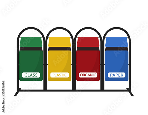 Garbage cans vector flat illustrations. Sorting garbage. Ecology and recycle concept. Colorful recycle trash bins isolated on white background.