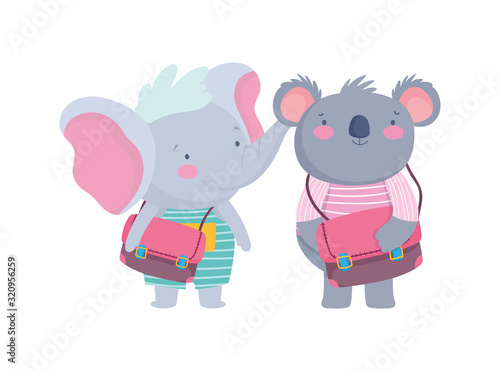 back to school education elephant and koala with bags