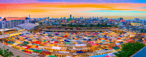 Train night market Ratchada Thailand Is a tourist attraction, eating and shopping for tourists From an aerial perspective, the roof is colorful and beautiful. photo