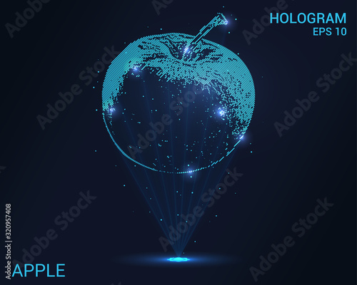 A hologram of an Apple. Holographic projection of an Apple. Flickering energy flux of particles. Scientific fruit design.