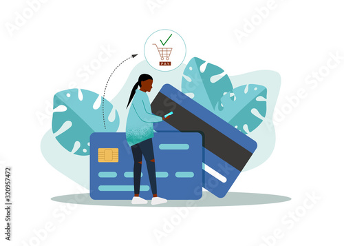 Vector flat style illustration woman in front of a huge cell phone. Credit card icon on the screen of smartphone. Minimalism design with exaggerated objects. Online payment concept.