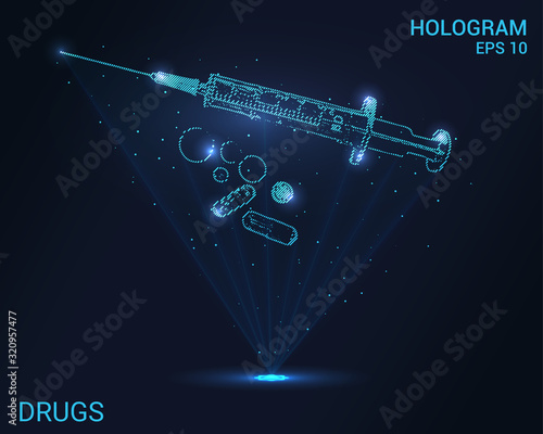 Hologram drugs. A holographic projection of the syringe and pills. Flickering energy flux of particles. The scientific design of drugs.