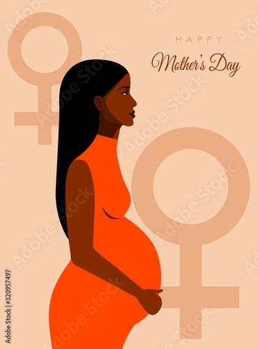 beautiful afro pregnancy woman in heart character. Mother's day background, women's day banner. Women's day card. Mothers day banner