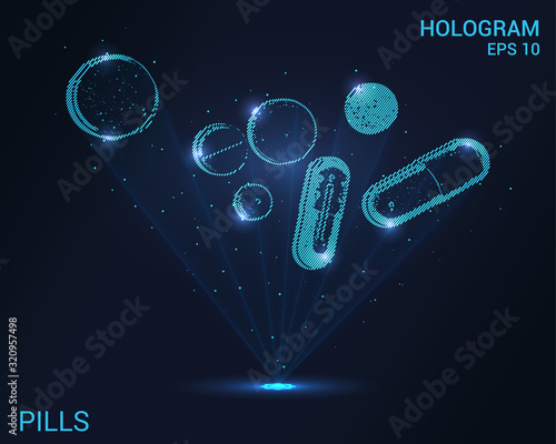 Hologram of the pill. Holographic projection of the pill. Flickering energy flux of particles. The scientific design of the pill.