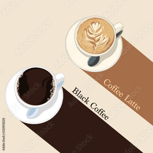 decorative coffee set. Vector top view black coffee and coffee latte sketch illustration with flat style.