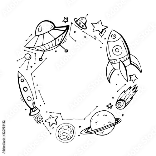 Into the space. Round frame with childrens contour space pattern of a constellation, rockets, stars, planets and place for text. Vector circle banner for coloring book, invitation and your creativity