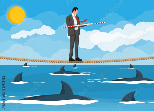 Businessman walking a tightrope over shark in water. Businessman in suit walking on rope with balancer stick. Obstacle on road, financial crisis. Risk management challenge. Flat vector illustration