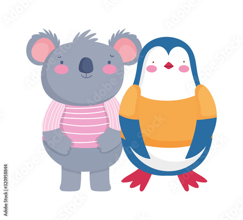 cute koala and penguin with shirt cartoon character