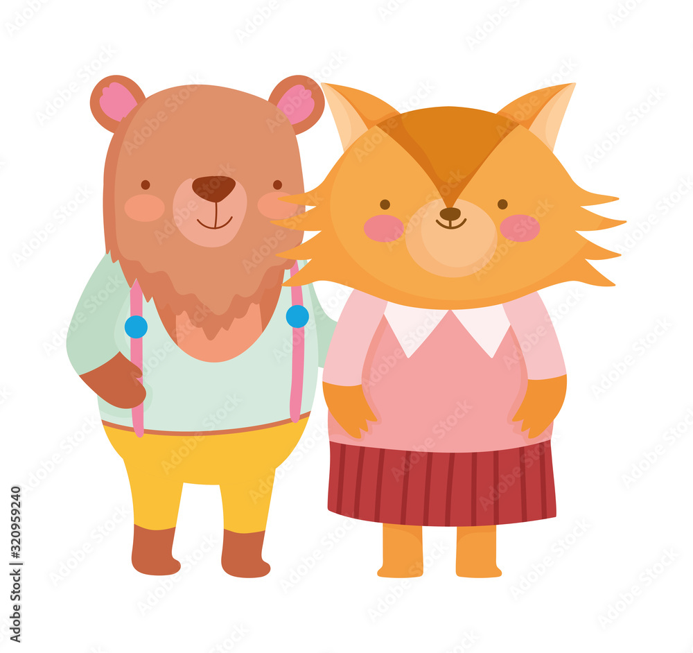 cute bear and fox cartoon on white background