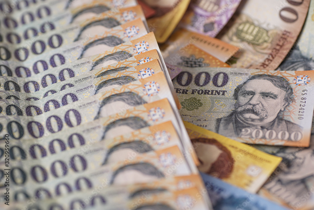 Fototapeta premium Stack of Hungarian banknotes money (forints) 20000 forint banknotes Ferenc Deak close up as a background. Europe Hungary.
