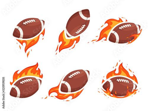 A set of images of balls for American football and rugby on fire. The concept of hot confrontation and burning throws