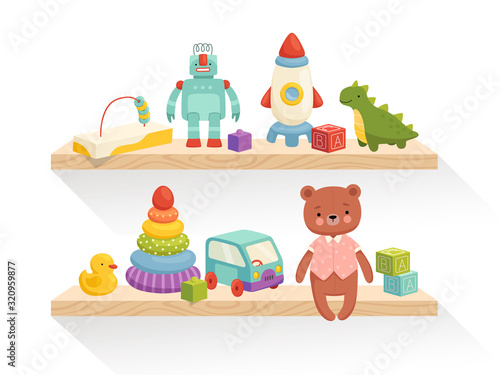 Cute children's toys are on the shelves. Part of the interior of a children's room or toy store
